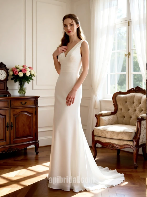 Simple V-Neck A-Line Chiffon Wedding Dress with Sweep Train